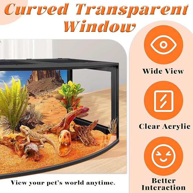 PROLEE Bearded Dragon Tank, Curved Reptile Enclosure with 3-Side Clear Acrylic Panels, Spacious Lizard Tank with Metal Mesh Top and Lockable Door for Reptile Habitat (Black, 24" Length,24 Gallons)