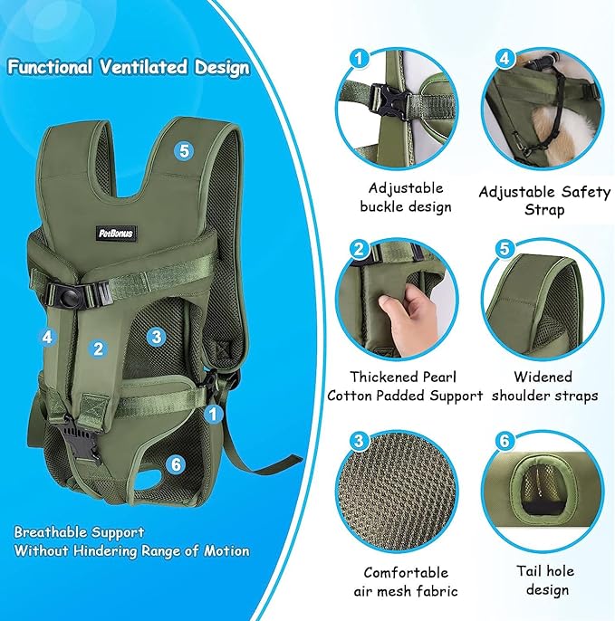 PetBonus Pet Front Dog Carrier Backpacks, Adjustable Pet Backpack, Legs Out Easy-fit Puppy Chest Carrier for Medium Small Dogs, Hands Free for Hiking, Cycling (Army Green, L)