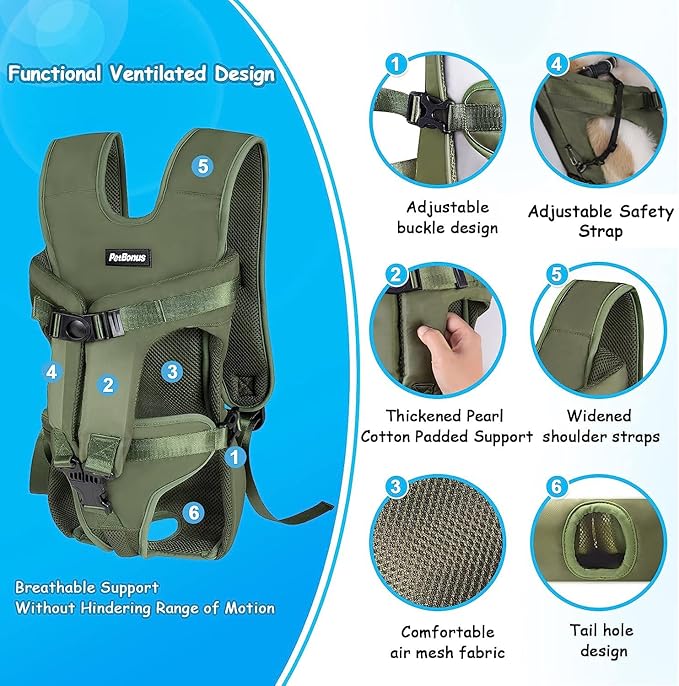 PetBonus Pet Front Dog Carrier Backpacks, Adjustable Pet Backpack, Legs Out Easy-fit Puppy Chest Carrier for Medium Small Dogs, Hands Free for Hiking, Cycling (Army Green, S)