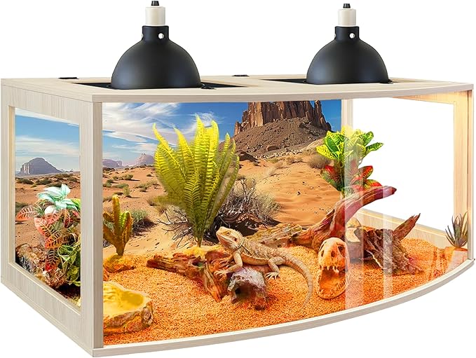 PROLEE Bearded Dragon Tank, Curved Reptile Enclosure with 3-Side Clear Acrylic Panels, Spacious Lizard Tank with Metal Mesh Top and Lockable Door for Reptile Habitat (Oak, 32" Length,34 Gallons)