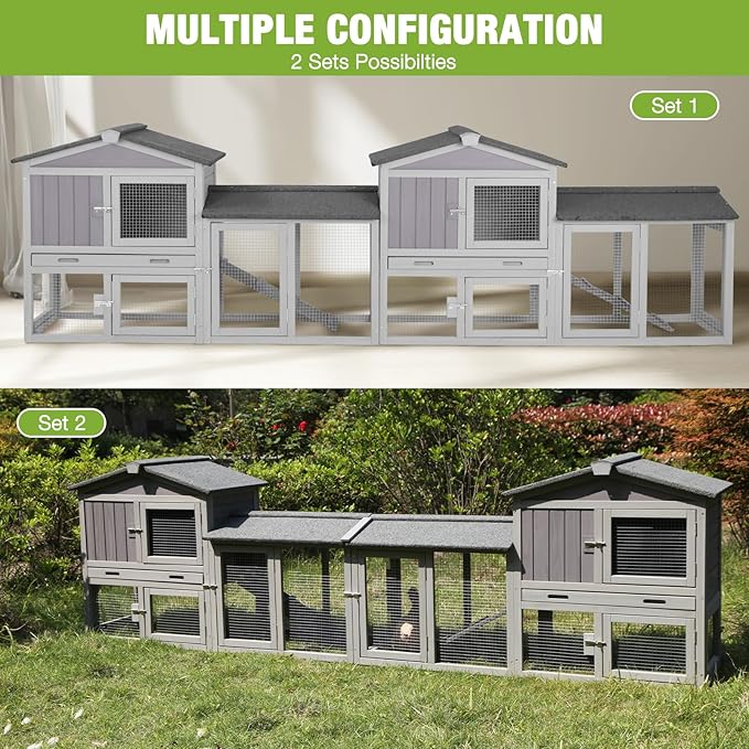 GUTINNEEN Chicken Coop Hen House with Run Outdoor Rabbit Cage Indoor Bunny Hutch with Waterproof Roof Poultry Cage,Rabbit Hutch with No Leakage Pull Out Tray (Two Sets)
