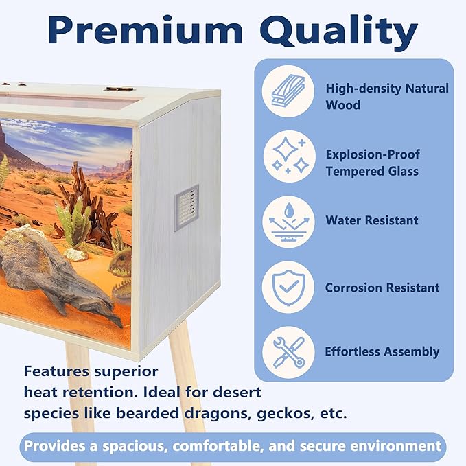 Prolee 63 Gallon Reptile Tank, Tempered Glass Bearded Dragon Tank with Wooden Roof and Lockable Doors, Large Lizard Habitat for Snakes, Iguanas, Chameleons (Oak) (Oak, 63 gallons,40x20x20 inch)