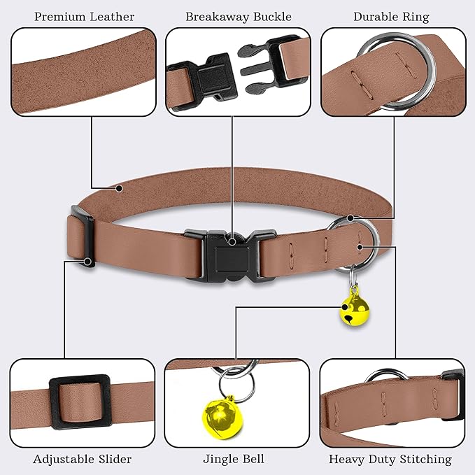 Breakaway Cat Collar with Bell - Leather Adjustable Kitten Collars with Safety Quick Release Buckle - Soft Small Pet Collars for Girl & Boy Cats (Mocha)
