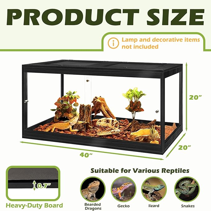 PROLEE Bearded Dragon Tank,60 Gallon Reptile Tank with Meatl Mesh Roof and Front Sliding Door, Lizard Tank,Spacious Reptile Enclosure for Snakes,Lguanas, Chameleons (Black)