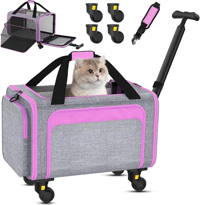 Pet Carrier with Detachable Wheels, TSA Airline Approved Rolling Cat Carrier for Small Dogs and Cats up to 15Lbs, Sturdy Frame & Smooth 360° Wheels for Travel & Vet - 18" L x 11" W x 11"