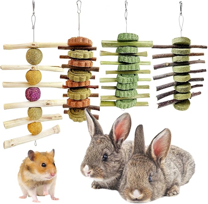 Hamiledyi 4PCS Bunny Chew Toys Rabbit Toys for Teeth Grinding Natural Fruit Sticks Timothy Grass Small Animal Chew Toys and Treats for Guinea Pig Hamster Chinchilla Squirrel
