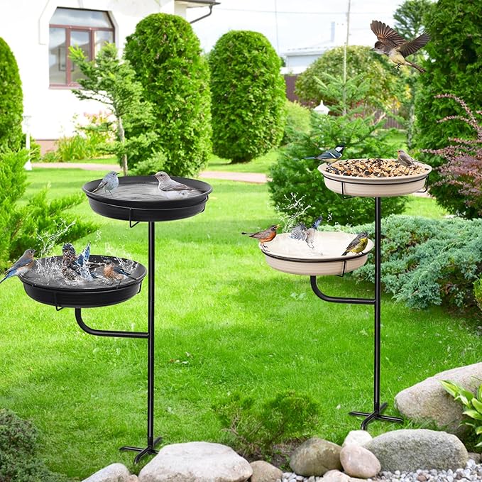 Freestanding Birdbaths Bowl Outdoor, Standing Garden Bird Bath Bird Feeder & Bird Bath Bowl, Detachable Decoration Spa Birdfeeder for Garden Patio Yard Lawn, 4 Spiky Metal Stake (Black)