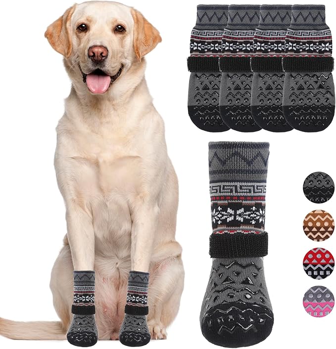 KOOLTAIL Dog Socks to Prevent Licking Paws for Hardwood Floors Anti Slip, Winter Warm Pet Boots&Paw Protector with Grippers, Double Sides Dog Shoes Booties for Small Medium Large Senior Dogs Grey XL