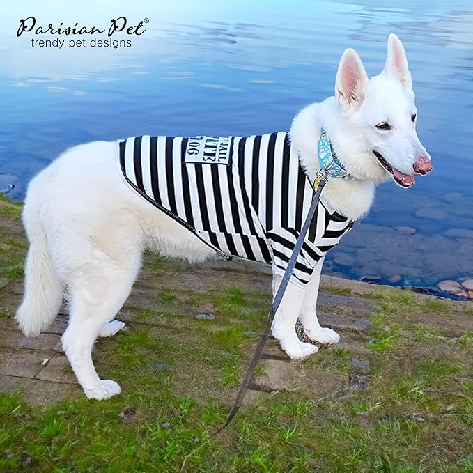 Parisian Pet Dog Shirt - Prisoner Costume - Black and White Striped Cotton Clothes - Lightweight Polyester Sleeved Outfit for Large Dogs - 4XL