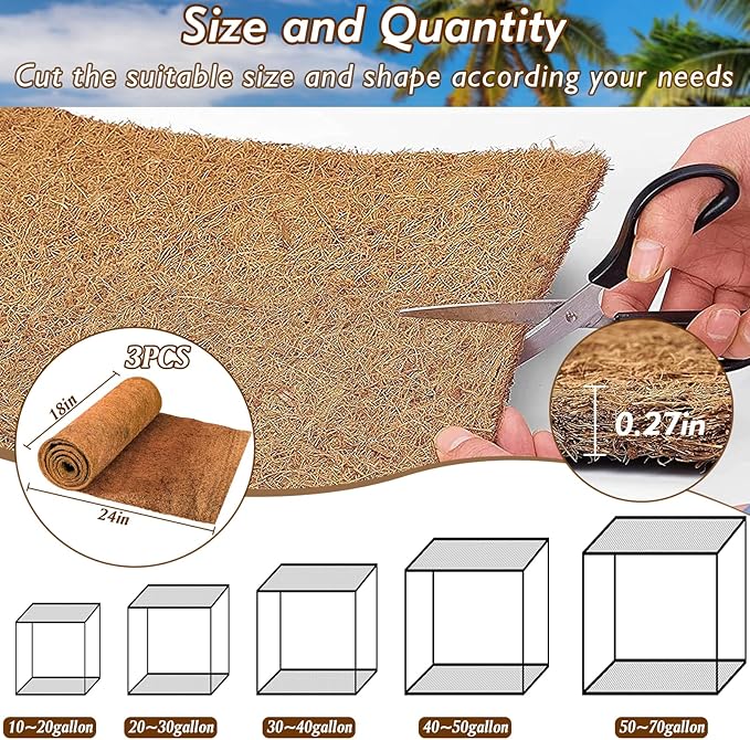 ZeeDix 3 Rolls Reptile Carpet, 18 x 24 inches Natural Coconut Fiber Liner Mat Flooring Accessories for Reptile Tank - Bearded Dragon Tortoise Lizard Turtle Snake Leopard Gecko Substrate Bedding