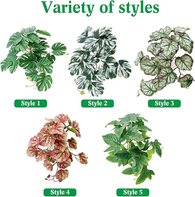 VCEPJH Reptile Plants with Suction Cup Amphibian Habitat Decor 2 Pcs Artificial Leaves for Terrarium Decor Crested Gecko Tank Accessories for Bearded Dragon, Lizard, Snake (Red Saxifrage)