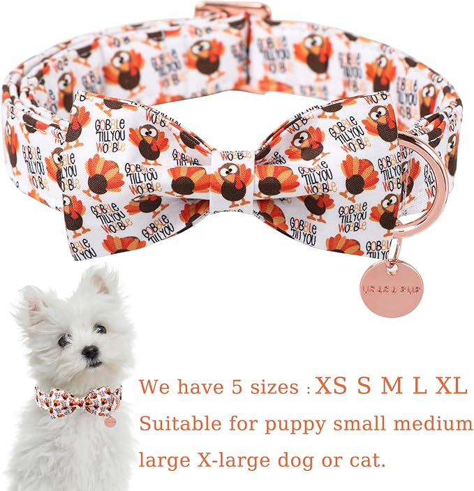 Thanksgiving Dog Collar with Bow Tie, Turkey Cotton Bowtie Collar for Puppy Girl Dog or Cat, Autumn Bow Tie Collar with Durable Metal Buckle, Turkeys Pet Collar, XS, Neck 8-12in