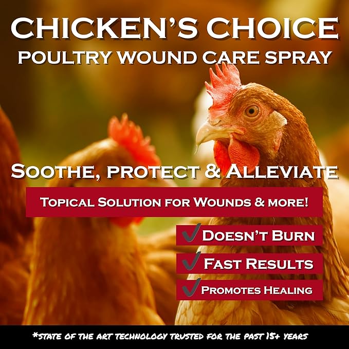 Chicken's Choice Wound Care for Chickens & Birds. Advanced Wound Care Spray for Poultry. Works for Bumblefoot, Vent Prolapse, Pecking Sore, Burns & Skin Irritations. Makes 32 oz Spray.