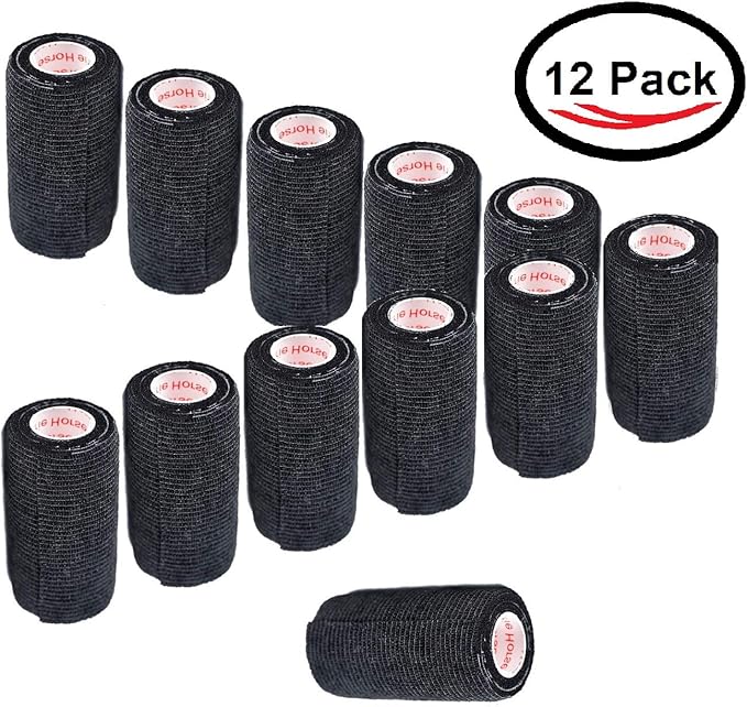 3 Inch Vet Wrap Tape Bulk (Black) (Pack of 12) Self Adhesive Adherent Adhering Flex Bandage Grip Roll for Dog Cat Pet Horse