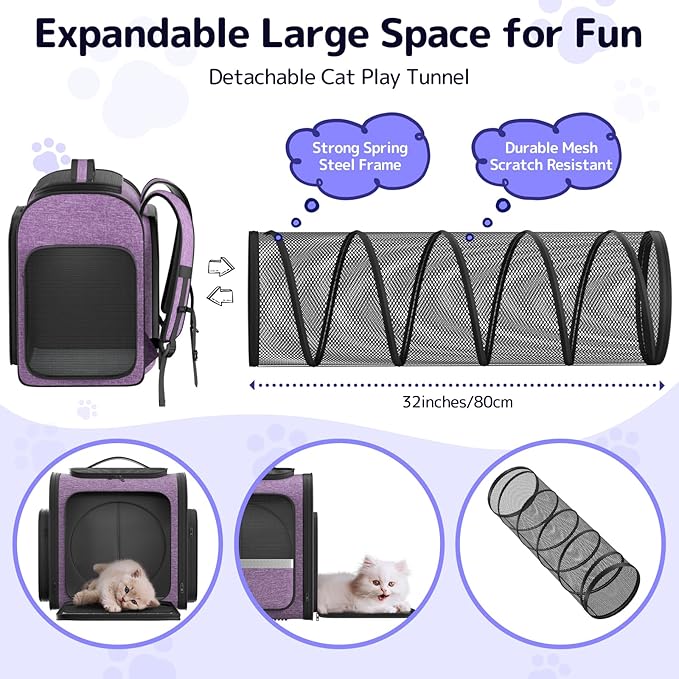 Pawtners Cat Backpack Carrier with Play Tunnel, Large Dog Backpack with Breathable Mesh, Expandable Pet Carrier Backpack for Small Medium Kitten Puppy Up to 18 Lbs, Suitable for Travel Hiking Camping