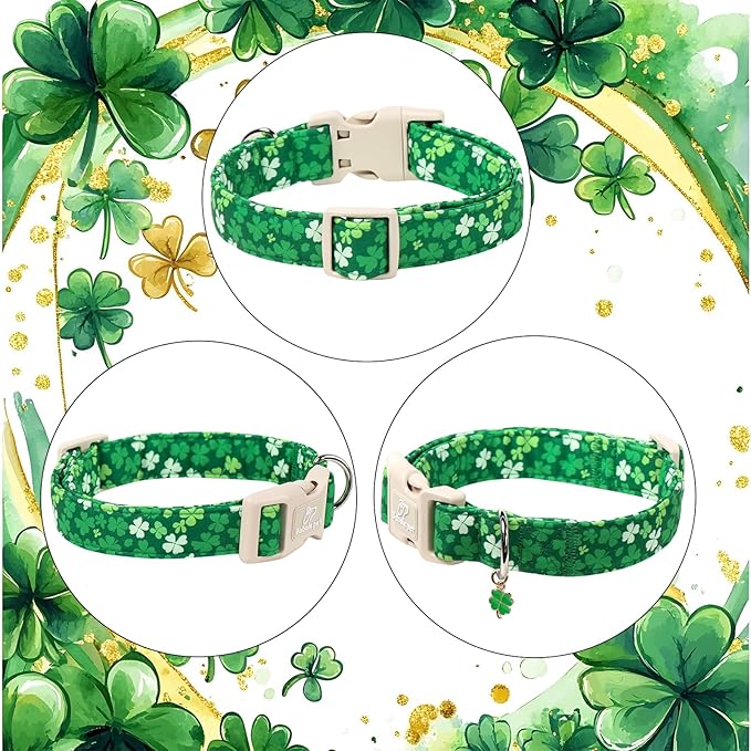St. Patrick's Day Dog Collar for Medium Dogs - Bold Green Lucky Clover Dog Collars, Cute Irish Party Shamrock Puppy Collar, Lightweight Adjustable St. Patricks Day Pet Collars M