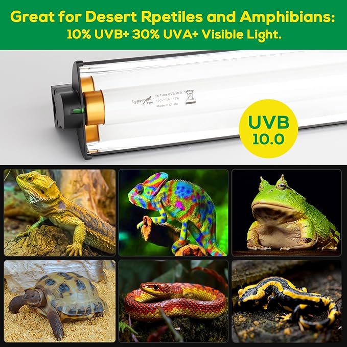 T8 UVB Reptile Light Fixture HO UVB Bulb Lighting Combo Kit, 10.0 UVB Light for Reptiles Terrarium Hood with 15W Reptile Light Bar UVA UVB Desert Lamp for Bearded Dragon Turtle Tank, 18Inch