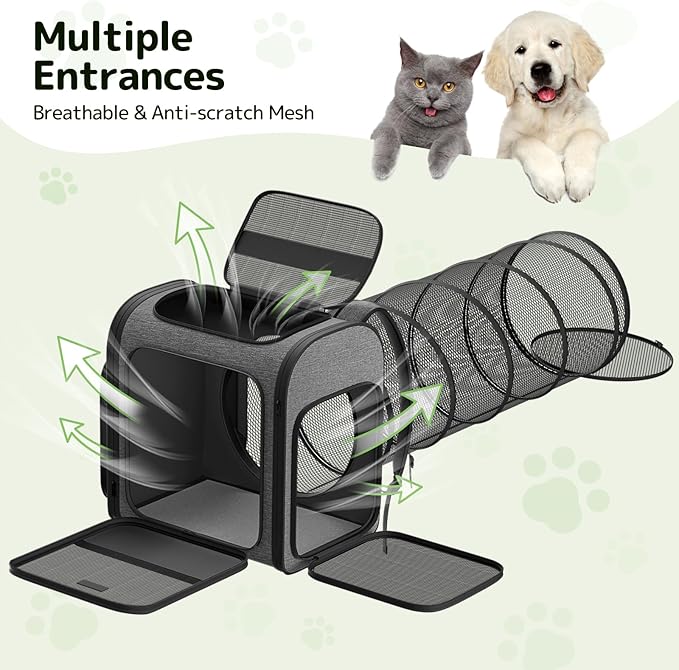 Pawtners Cat Carrier Backpacks with Play Tunnel, Expandable Cat Backpack with Breathable Mesh, Pet Carrier Backpack for Small Cats Dogs Up to 18 Lbs, Dog Backpack for Travel Hiking Camping Outdoor