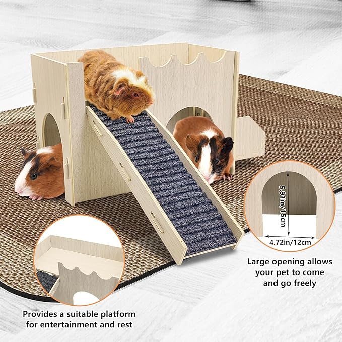kathson Wooden Guinea Pig Hideout Sturdy Two-Layer Guinea Pig House Easy to Assemble Small Animal Hideout with Mat Ramp and Food Bowl for Hamsters Bunnies Hedgehogs Mice Playing Hiding