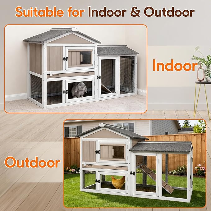 Rabbit Hutch 2-Story Bunny Cage with Chew-Proof Ramp Slide for Indoor Outdoor Guinea Pig Cage with Cleaning Tray & Waterproof Roof for Small Bunny Rabbit Chicken