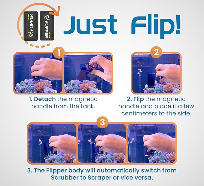 FLIPPER Nano Magnetic Aquarium Cleaner, 2 in 1 Flip Scrubber and Scraper with Strong Rare Earth Magnets for Algae Removal on Glass Tanks up to 1/4 inch (6 mm), for Freshwater and Saltwater Aquariums
