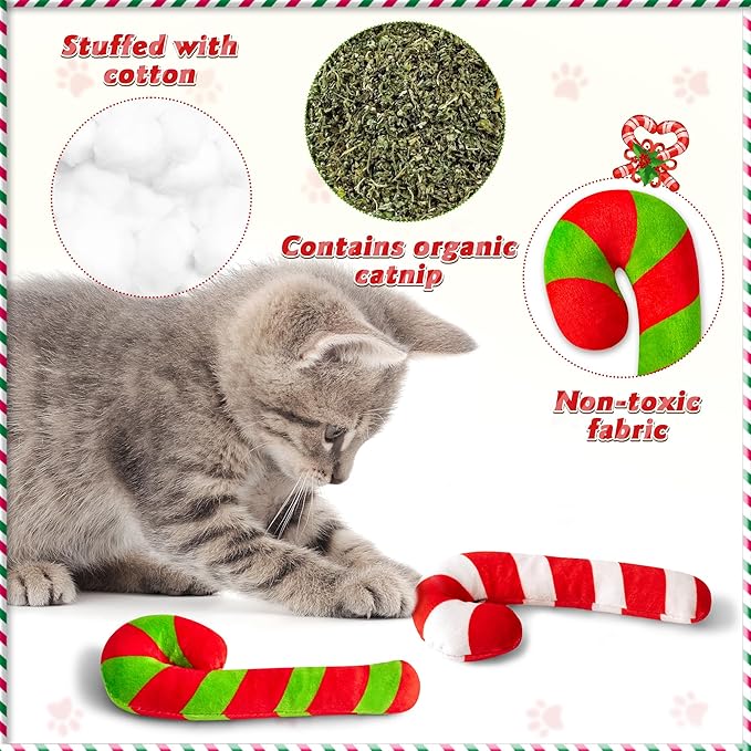 MALLMALL6 6Pcs Christmas Candy Cane Catnip Toys Gift for Cat, Indoor Cat Chew Bite Kick Catmint Pet Toys Supplies for Cat Lover Xmas Gifts, Cute Interactive Cat Toy for Pet Presents