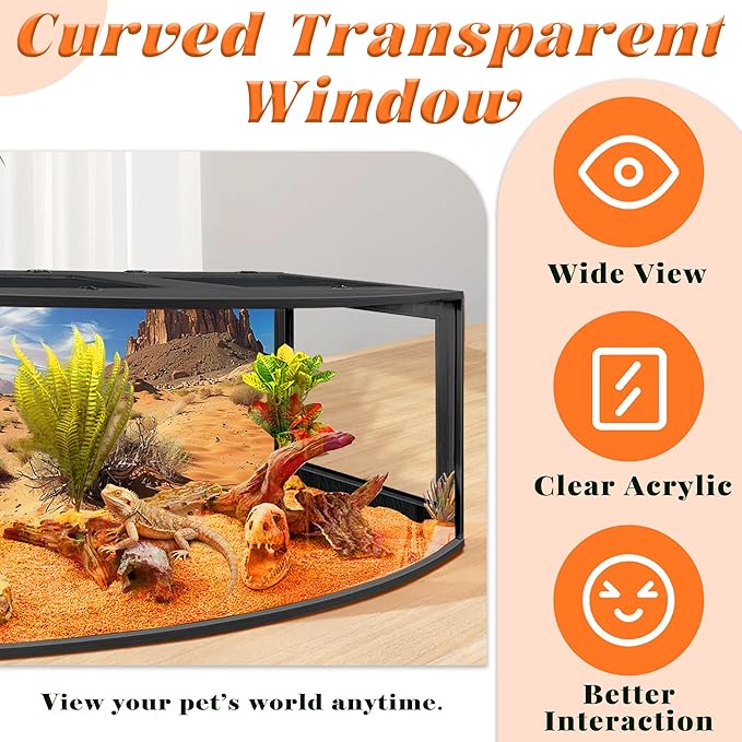PROLEE Bearded Dragon Tank, Curved Reptile Enclosure with 3-Side Clear Acrylic Panels, Spacious Lizard Tank with Metal Mesh Top and Lockable Door for Reptile Habitat (Black, 32" Length,34 Gallons)