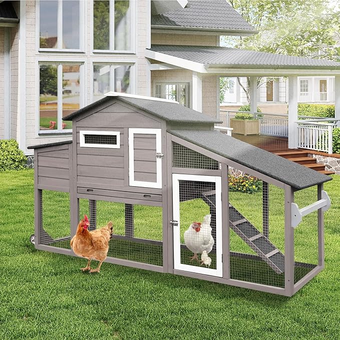 Chicken Coop with Wheels, Weatherproof Outdoor Chicken Hen Houses with Run, 2 Story Wooden Poultry Coops Rabbit Hutch for 2-3 Chickens Bunny with Leakproof Tray, Nesting Boxes, Ramp