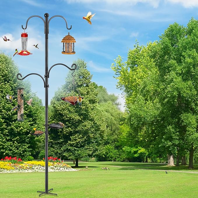 Bird Feeder Poles, Bird Feeding Station with Water Bowl and Birds Seed Tray, 88 Inch Shepherds Hooks for Outdoor Heavy Duty, 1-Inch Dia Humming Birds Feeder Stand Hanger Post with 4 Hooks