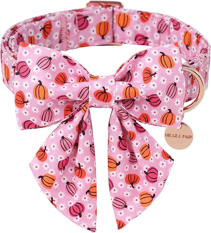 Halloween Pumpkin Dog Collar with Bow Tie, Pink Halloween Puppy Bowtie Collar with Adjustable Metal Buckle,Fancy Dog Collar Bowtie for Girl Boy Dog,XS