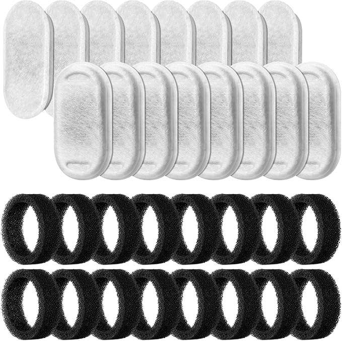 SOOFPET Cat Water Fountain Filters, 32 Pieces (16 Carbon + 16 Sponge), Replacement for 108oz/3.2L Stainless Steel Cat Fountain, White