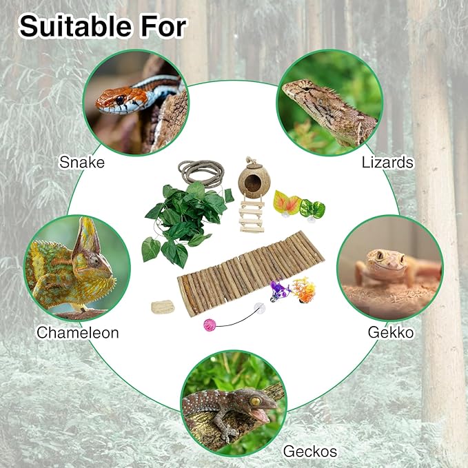 Hamiledyi Leopard Gecko Tank Accessories, 10 Pcs Reptile Vines Plants with Coconut Shell Ladder Hideout Hut Hermit Crab Decor for Bearded Dragon Lizard Chameleon Tortoise Snake Play Rest