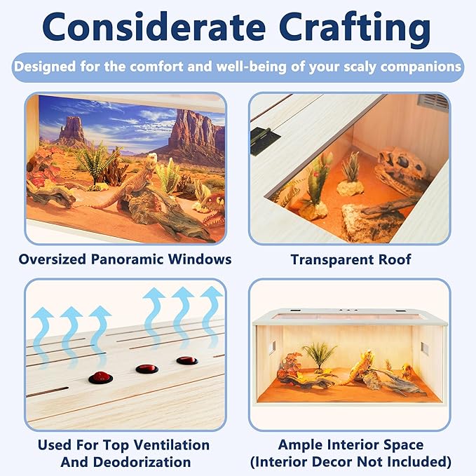 PROLEE Tempered Glass Bearded Dragon Tank,Wooden Reptile Tank and Lizard Tank, Large Bearded Dragon Enclosure with Built-in Lamp Fixture, Snake Tank (Wooden-Topped roof, 40inch,60 Gallons)