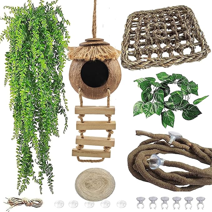 Gecko Tank Accessories,Grested Gecko Coconut Hideout Hut with Ladder Reptile Hanging Plants Climbing Bearded Dragon Hammock Flexible Jungle Vine Leaves Terrarium Decor