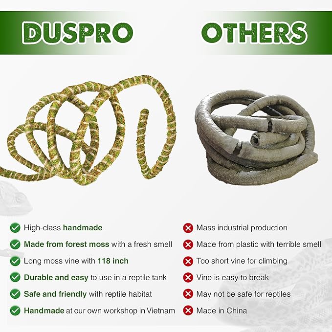 Duspro 6.5FT Reptile Vine & Moss Set for Climbing Bendable Branch, Natural Moss Rope Jungle Decor for Bearded Dragon, Chameleon Tank Accessories, Snake Gecko Lizard Terrarium