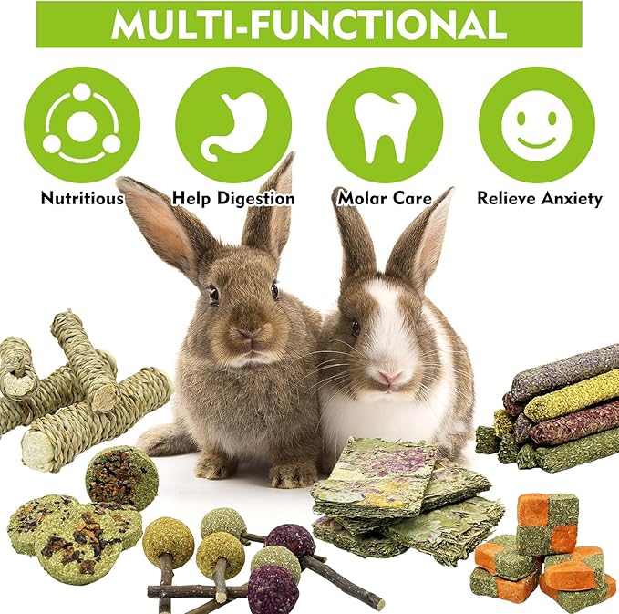 Fhiny Rabbit Chew Toys, 33 PCS Natural Guinea Pig Chew Toys for Teeth Handmade Small Animal Timothy Molar Sticks & Cakes Bunny Snacks Hamster Treats for Guinea Pig Bunny Chinchilla Hamster Gerbil
