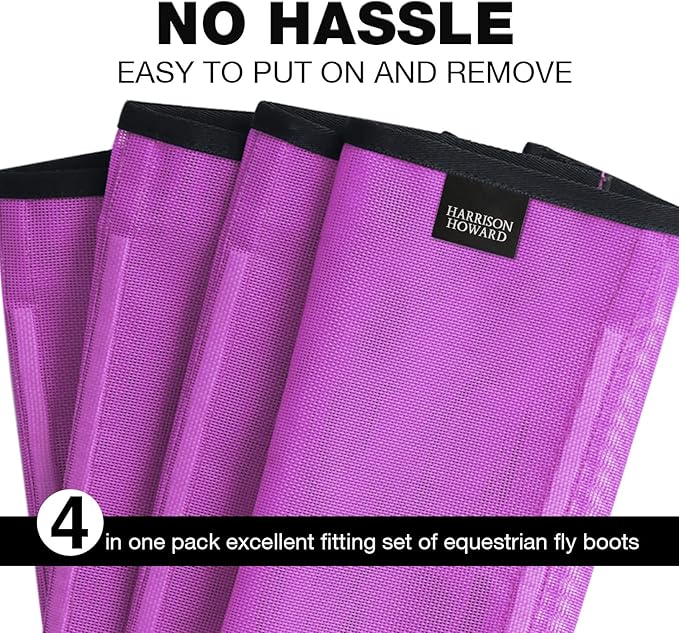 Harrison Howard Loose Fitting Fly Boots UV-Protective Extra Tough Mesh Ventilated Four Fasteners Stay-on Design Protect Horse Legs & Stomp-Reducing Set of 4 Purple Mini