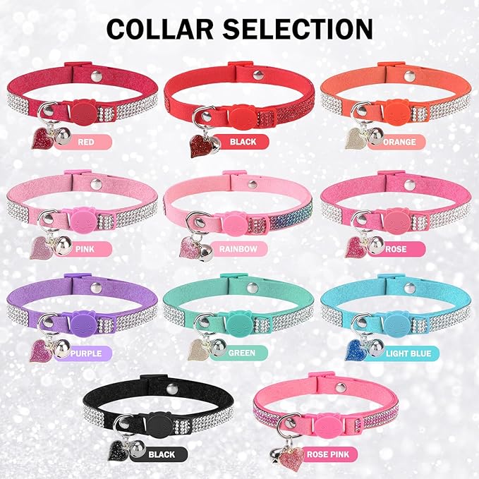 Rhinestone Cat Collar Breakaway with Bell, Diamond Cat Collar with Safety Buckle Quick Release for Girl Boy Small Kitten Pets Puppy,Cute Soft Female Male Cat Collars, Color Pink 7-9"