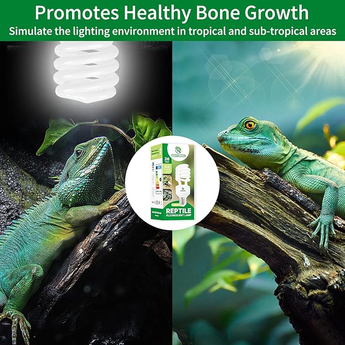 UVB Reptile Light 5.0, 26W Tropical and Sub-Tropical UVA UVB Bulb for Reptiles, Tropical Terrarium Compact Fluorescent Lamp, Reptile UVB Light Bulb for Chameleons, Iguanas, and Turtles