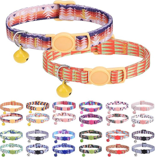 Breakaway Cat Collars for Girl Boy Cats, Spring Summer All Weather Cat Collar Personalized Pattern 2 Pack,Cute Classic Safety Buckles and Bells,Adjustable Printed Nylon Colorful Kitten Collar