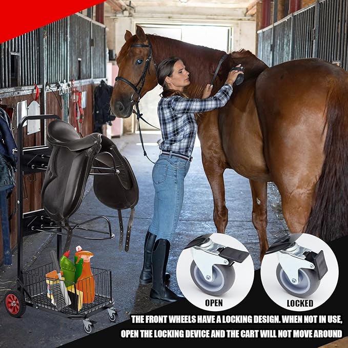 Rolling Saddle Cart with Wheel, Saddle Rack Dolly Heavy Duty Horse Equipment Cart Foldable Horse Tack for Storage Moving Organize Transport Supplies (Upgrade 4 Wheels)