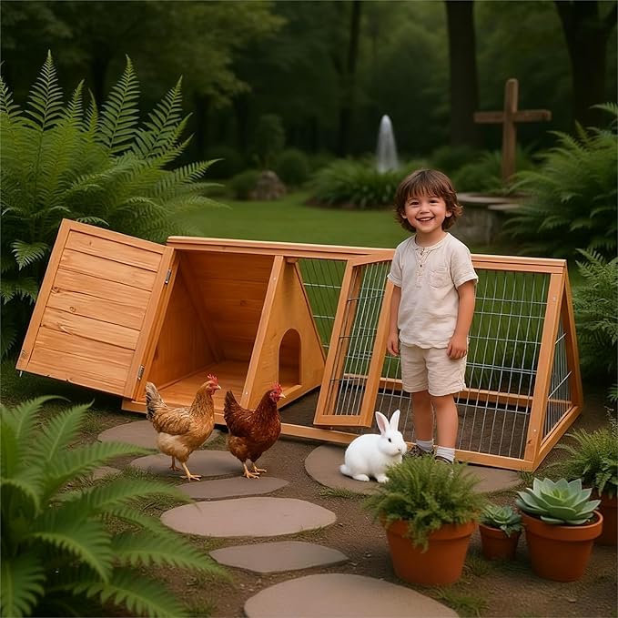 Rabbit Hutch & Chicken Coop Outdoor Small Animal Cage with Ventilated Wire Run, Emovable Tray for Quail, Bunnies, Guinea Pigs, Chicks – Backyard Poultry Hutch (Brown)