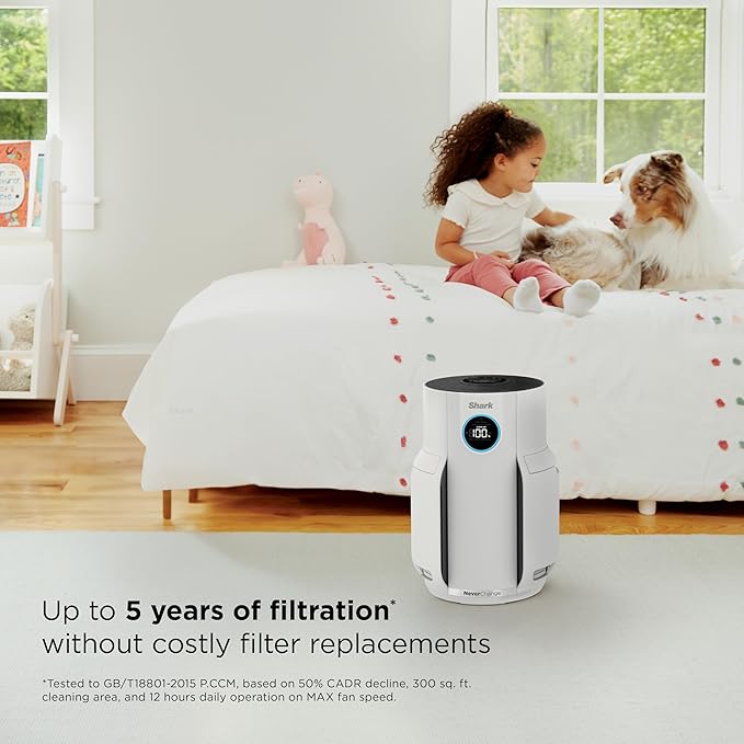 Shark Air Purifier for Home, NeverChange, for Large Room, Bedroom, Home Office, HEPA-Exceeding Filter, Captures Pollutants, Pet Dander, Dust, Odor, Smoke, and More, HP153, White