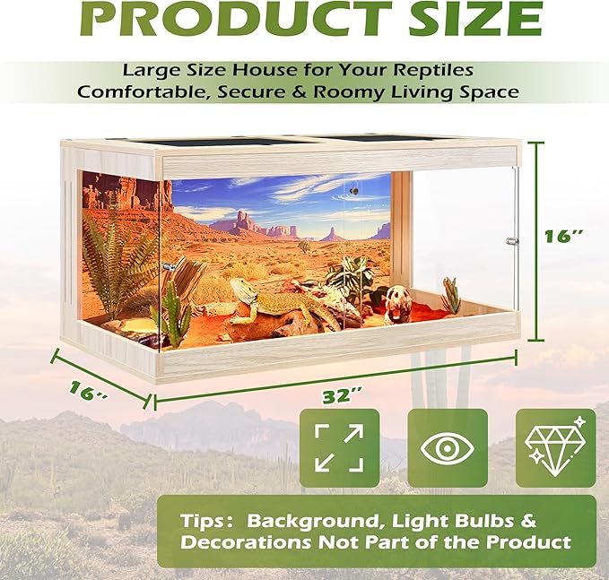 Royxen Bearded Dragon Tank, Tempered Glass Reptile Terrarium with Metal Mesh Top, 3-Side Clear Anti-Scratch Glass Lizard Tank for Reptile Habitat (Oak, 34 Gallons,32" Length)