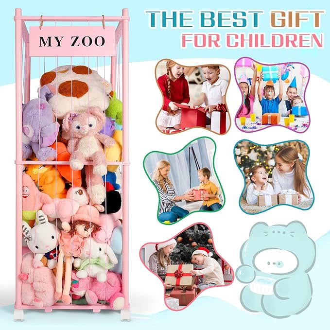 Stuffed Animal Storage Zoo with Wheels, Wooden Stuffed Animal Organizer with Elastic Cords, Space Saving Toy Plushies Storage Holder for Playroom, Bedroom, Living Room(Pink, Large)