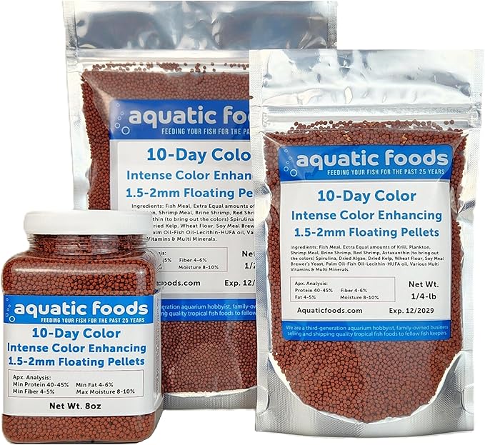 Aquatic Foods Inc. Ultra Intense Color Enhancing with a 10-Day Color Change, 1.5mm - 2mm Floating Pellets for Cichlids, Discus, All Baby and Small Tropical Fish & Pond Fish...1/4-lb Bag