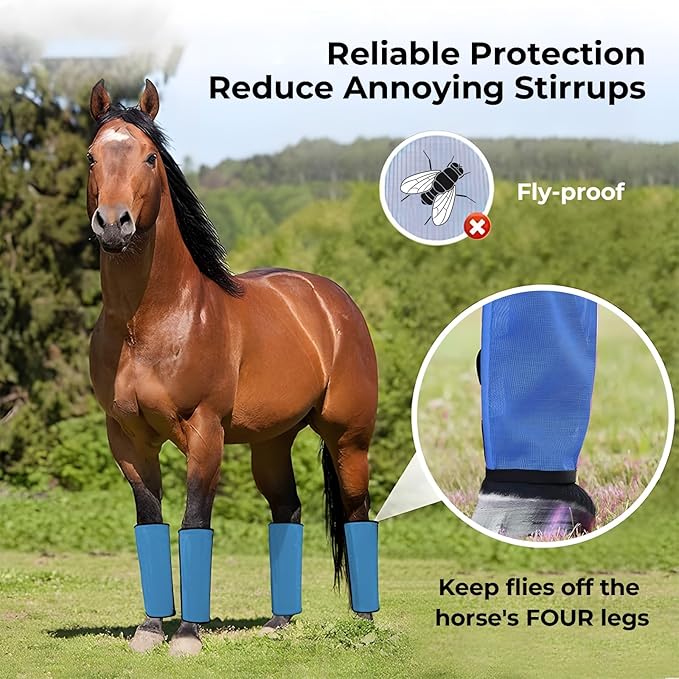 Mesh Horse Fly Boots Set of 4，Adjustable and Universal Loose Fitting & Non-Slip Horse Fly Leggings for Horses,Reduce Stressful Stomping (Blue)