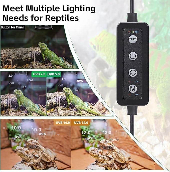 UVB Light for Reptiles with Dimming UVA UVB Reptile Light Fixture with Timer LED UVB Bulb for Bearded Dragon Gecko Turtle Chameleon Lizard Snake Adjustable Brightness Reptile Tank Accessories 8W Black