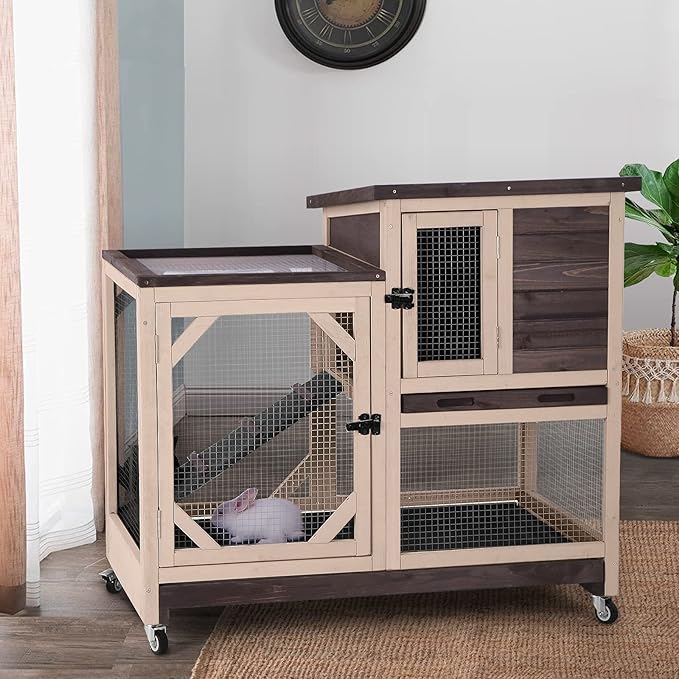 GUTINNEEN Rabbit Hutch Indoor and Outdoor, Rabbit Cage on Wheels with 2 Deep Pull Out Trays, Wooden Bunny Cage with Non-silp Ramp and Sliding Door, Mesh-Coffee Color