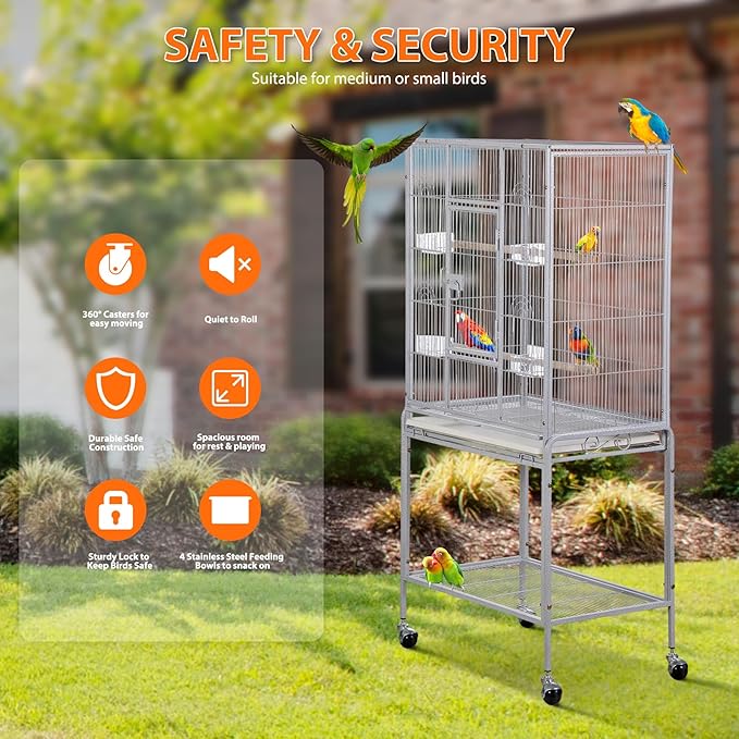 SUPER DEAL 53-Inch Rolling Bird Cage Large Wrought Iron Cage for Cockatiel Sun Conure Parakeet Finch Budgie Lovebird Canary Medium Pet House with Rolling Stand & Storage Shelf, White
